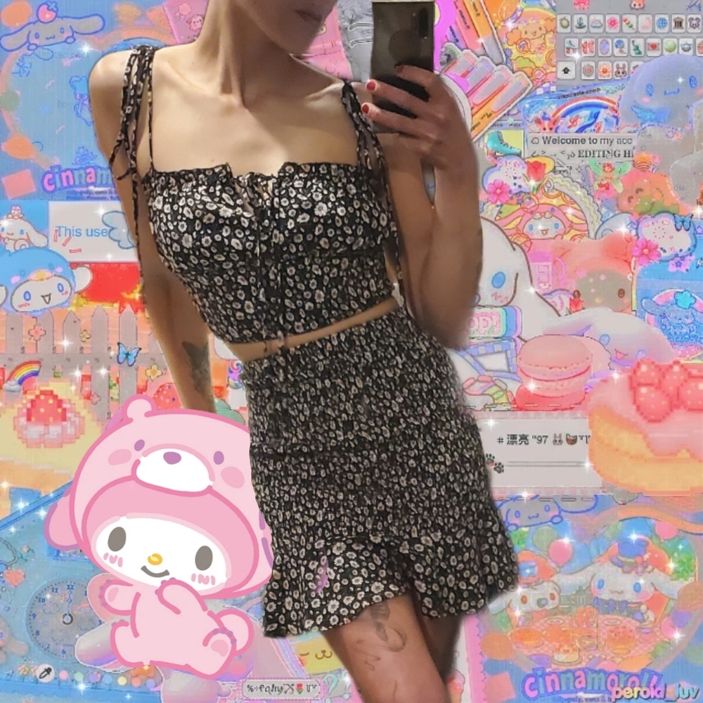 2 BELLA Matching Floral Ruched Set with Ruffle Skirt